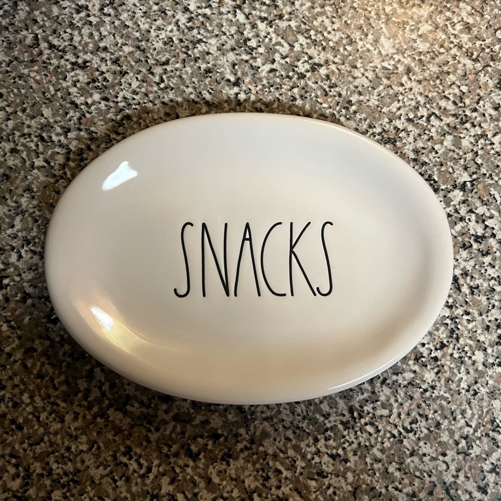 Rae Dunn collectible Snack tray with black lettering and all caps letters